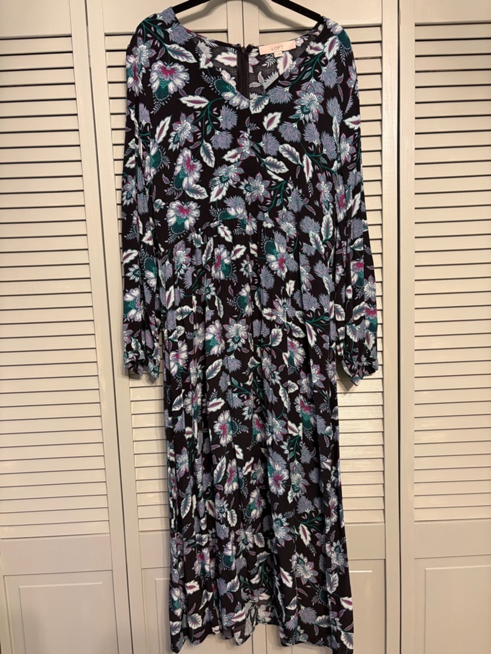 LOFT Black Floral Long Sleeve Midi Dress with Teal & Lavender Accents